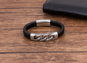 Stainless Steel Charm Genuine Leather Bracelet