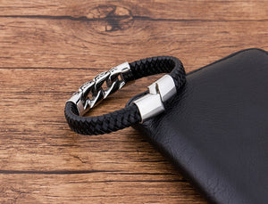 Stainless Steel Charm Genuine Leather Bracelet